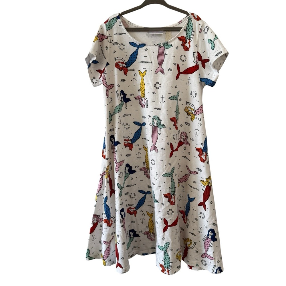 Hanna Andersson Girls Size 12 150cm White Mermaid Short Sleeve 100% Cotton Dress